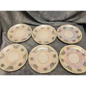 Kahla Germany Saucer Set 6 Iridescent Lusterware Gold Trim Floral GDR‎ VTG